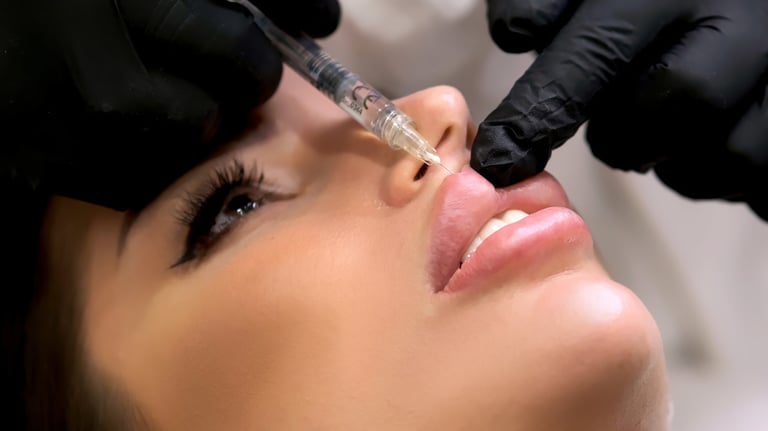 A beautician in medical gloves carefully injects hyaluronic acid into the lips of a young woman with a syringe