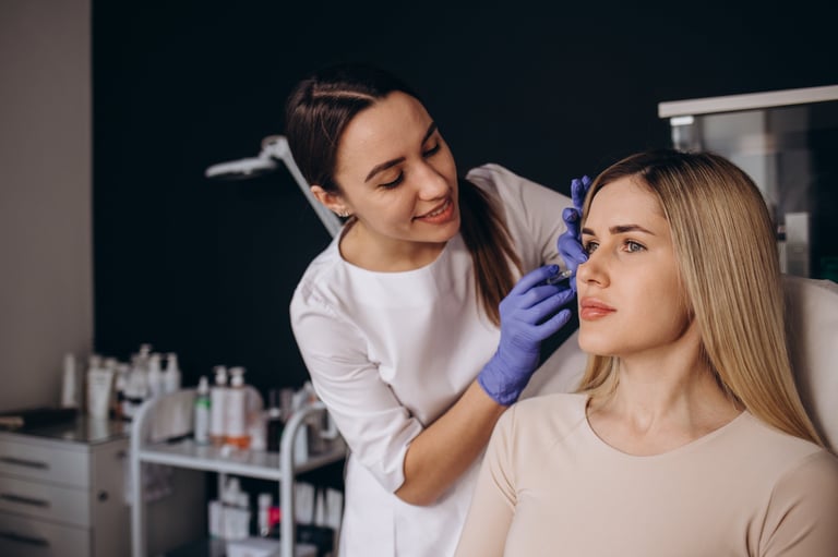 Portrait of young Caucasian woman getting botox cosmetic injection in forehead