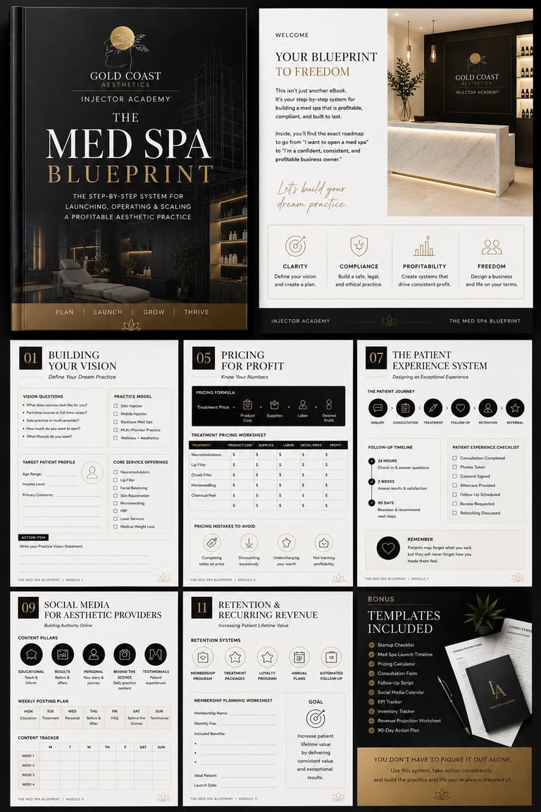 Gold Coast Injector Academy Med Spa Blueprint business training course materials and templates displayed on multiple pages