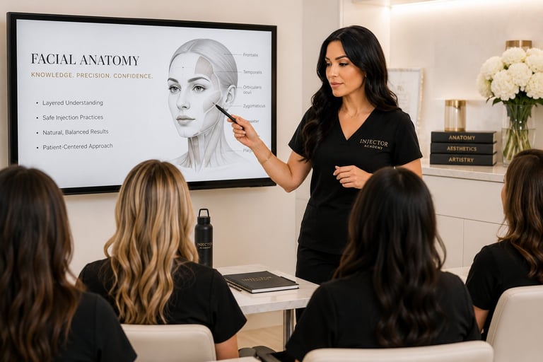 Professional instructor teaching facial anatomy to students in a clinical setting using a presentation screen