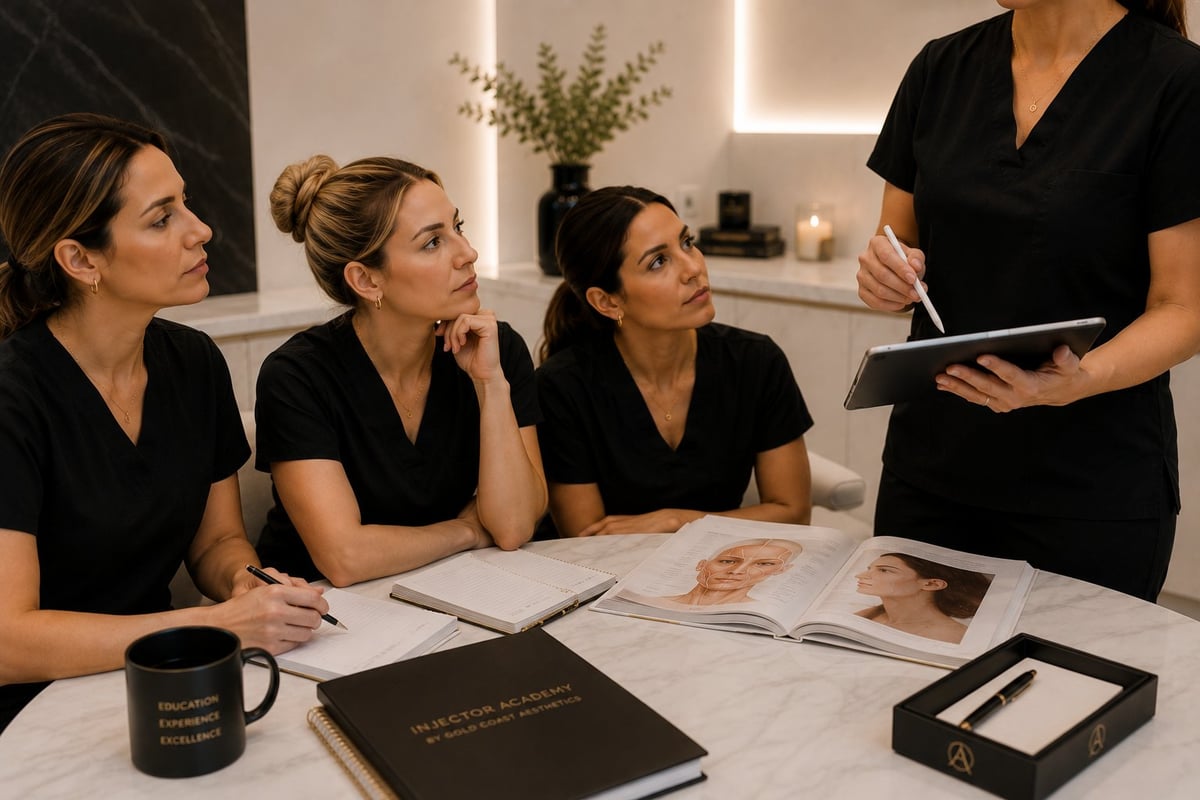 Four women in black shirts in a modern office setting, with one standing presenting to three seated colleagues at a table with notebooks and materials