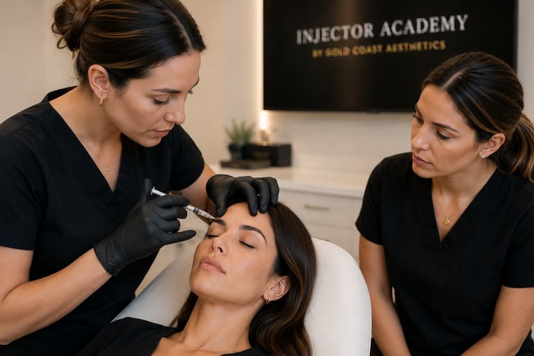 Two medical aesthetics professionals in black scrubs administering a facial injection treatment to a patient at Injector Academy clinic