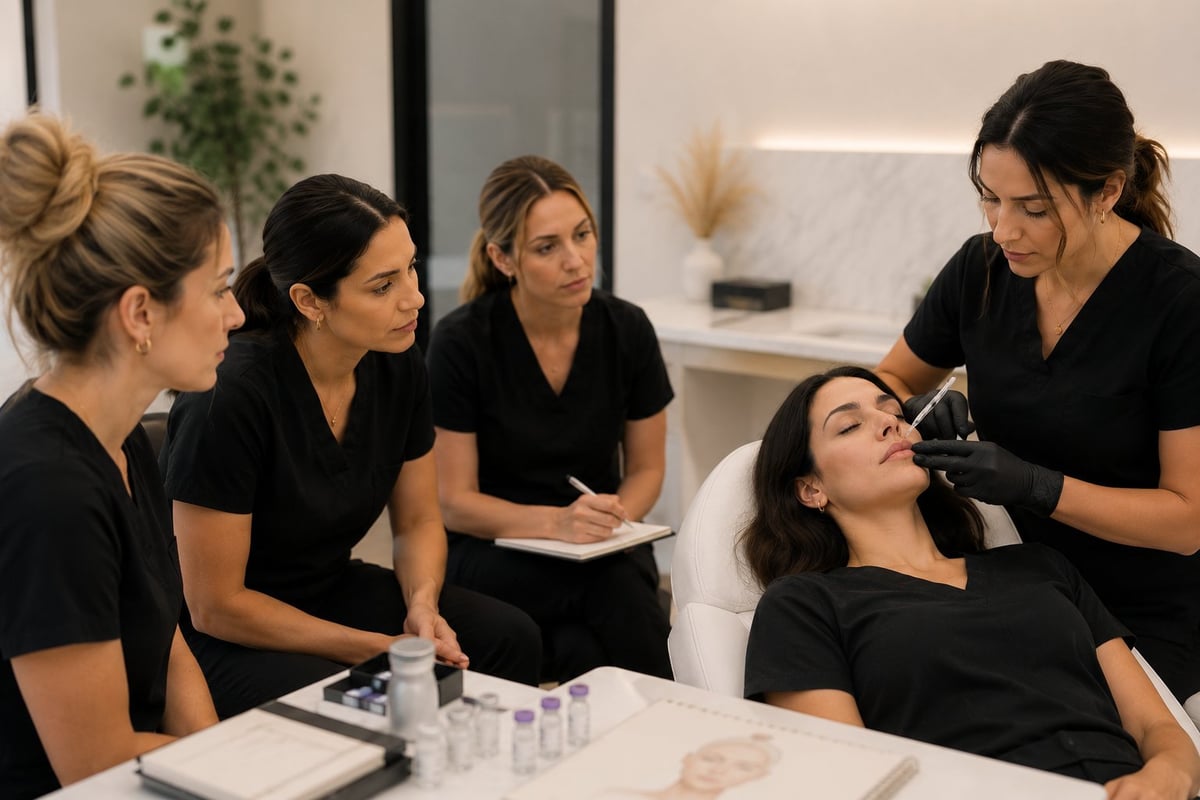 Beauty professionals in black uniforms demonstrating skincare or makeup application techniques in a modern salon setting.