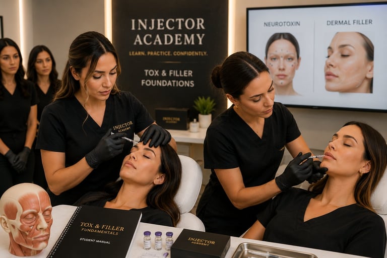 Medical professionals performing botox and filler injections on patients in a clinic training setting with educational displays
