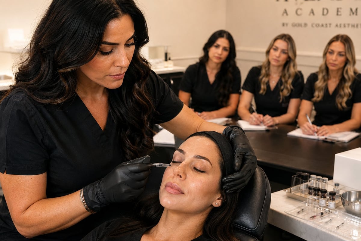 Aesthetician in black gloves demonstrating microblading technique on clients eyebrows during beauty academy training class