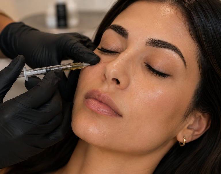 Beautician injecting dermal filler into womans cheek using a syringe while wearing black gloves