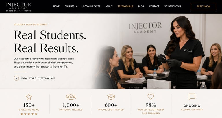 Injector School website hero section showing instructor with classroom full of students learning real job skills