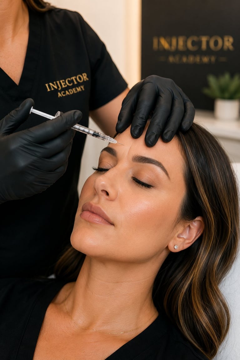Healthcare professional in black gloves administering dermal filler injection to womans forehead at Injector Academy clinic