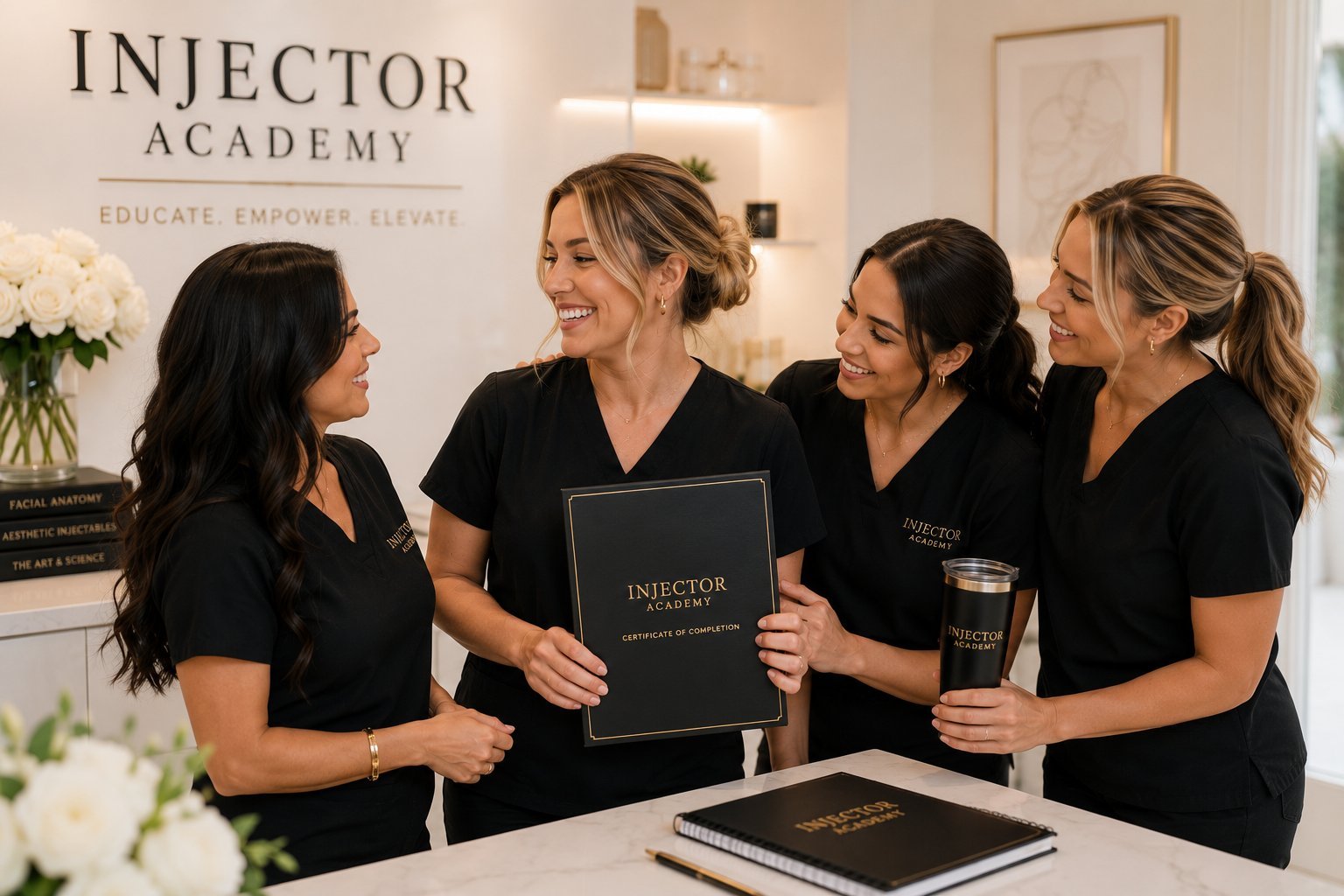 Four women in black uniforms smiling while holding Injector Academy materials at a bright, modern clinic counter