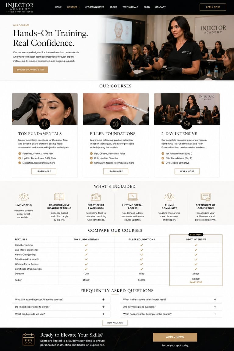Injector Academy website homepage showcasing hands-on training courses for cosmetic injector certification with course details and instructor demonstration