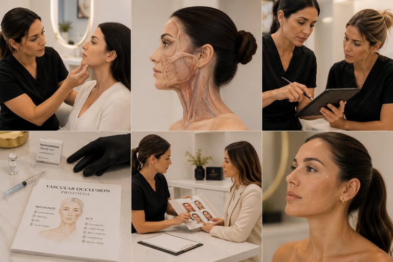Skincare consultation and treatment montage showing esthetician and client discussing facial procedures, anatomical diagrams, and professional skincare analysis
