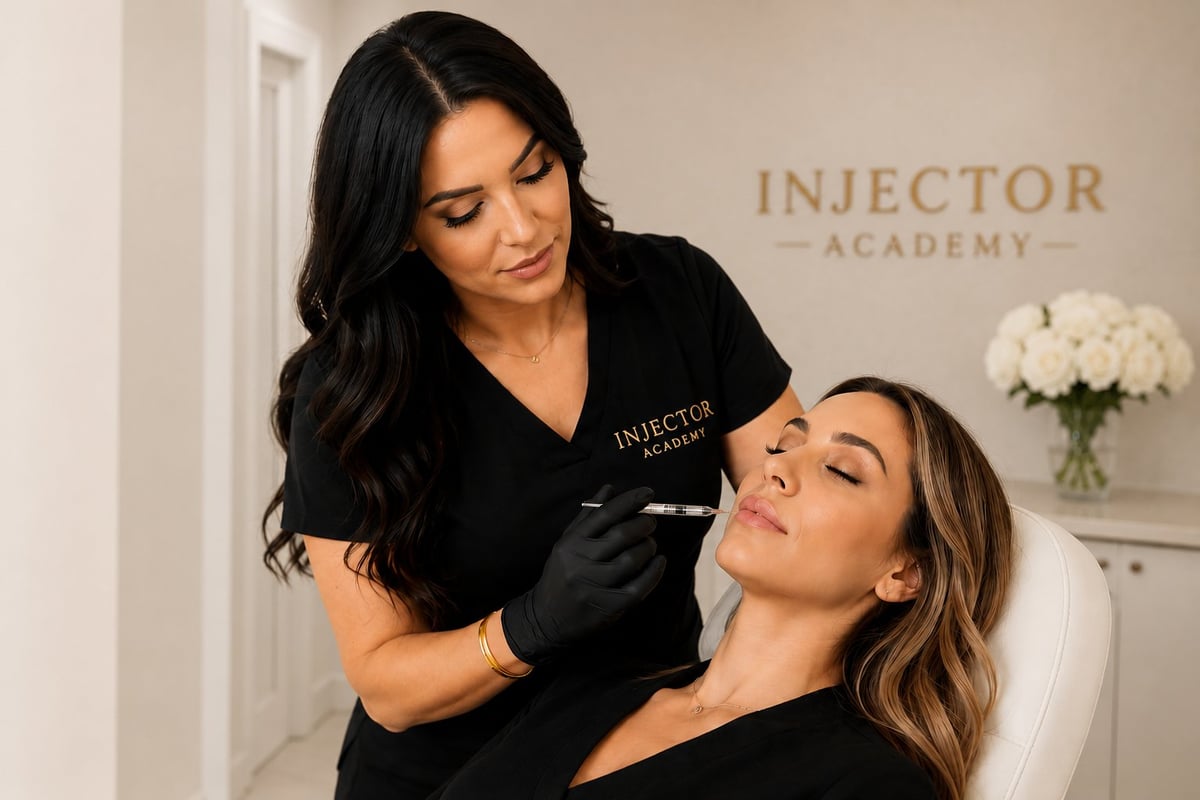 Medical aesthetics professional performing an injection procedure on a client at Injector Academy clinic